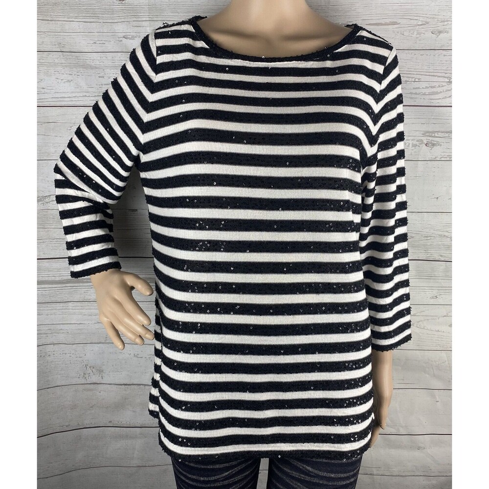 Talbots Shirt Black White Striped Sequins